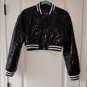 Fashion Nova Black Quilted Gloss Cropped Bomber Jacket